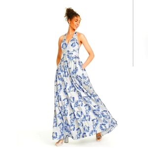 ⭐ HP👗SPEECHLESS BLUE & IVORY FLOWERS V NECK HALTER DRESS CRINOLIN & FLAIR BO